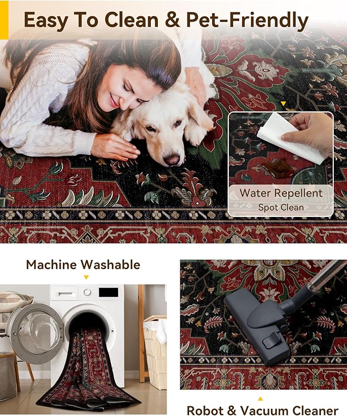RELEANY Area Rugs 7'x9' Washable Non-Slip, Floral Vintage Distress Medallion Carpet for Living Room Bedroom Dining Room, Red Black