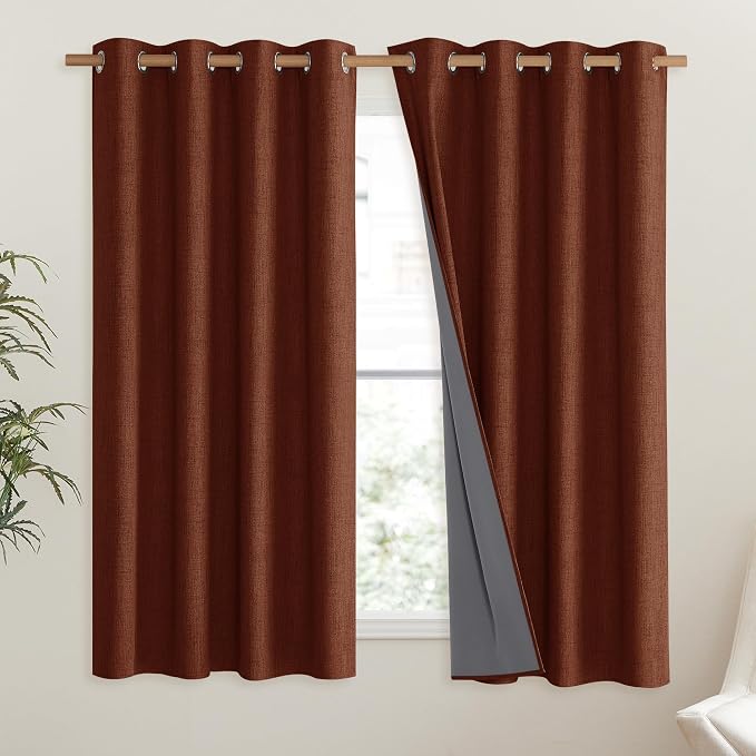 NICETOWN 100% Absolutely Blackout Linen Curtains with Thermal Insulated Liner, 52" Wide, 2 Panels, 63" Long Drapes, Grommet Retro Burnt Orange Linen Curtains Vertical Drapes Privacy for Bedroom