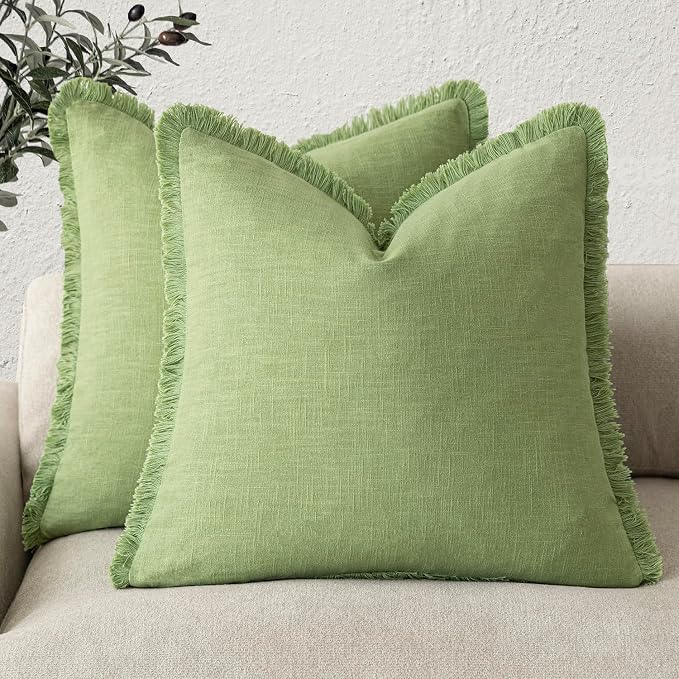 Foindtower Set of 2 Decorative Linen Fringe Throw Pillow Covers Cozy Boho Farmhouse Cushion Cover with Tassels Soft Accent Pillowcase for Couch Sofa Bed Living Room Home Decor,22×22 Inch,Lime Green