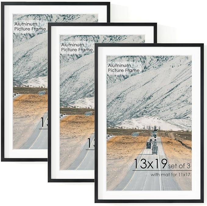 13x19 Metal Picture Frame for Wall With Mat for 11x17, 13''x19'' Aluminum Photo Frames With Tempered Glass for Home Decor, Minimalist Modern Poster Frame Horizontal And Vertical Formats, 3 PCs, Black