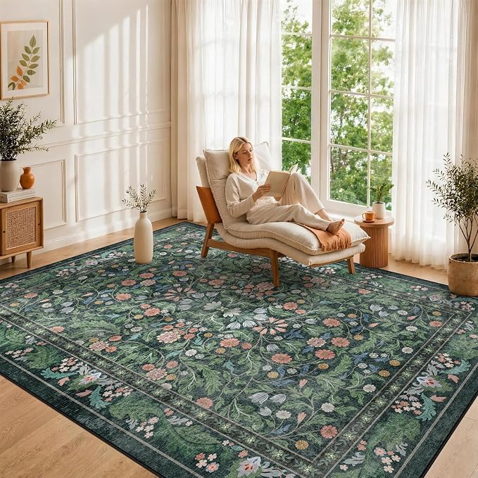 Floral 8x10 Area Rugs for Living Room, Machine Washable Vintage Rug Boho Low Pile Carpets Non Slip Soft Carpet for Farmhouse Bedroom Office Rugs, Kids Room, Nursery Room, Playroom, Green