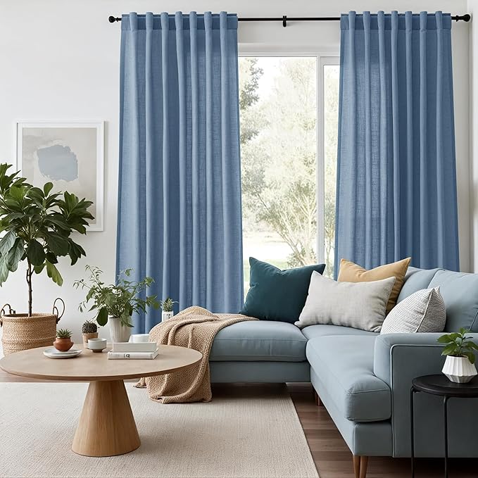 Stone Blue Linen Curtains 90 Inch Length for Bedroom Living Room Back Tab Rod Pocket Light Filtering Semi Sheer Modern Farmhouse Coastal Decor Curtain Cotton Textured Gauze Drapes for Office 52x90