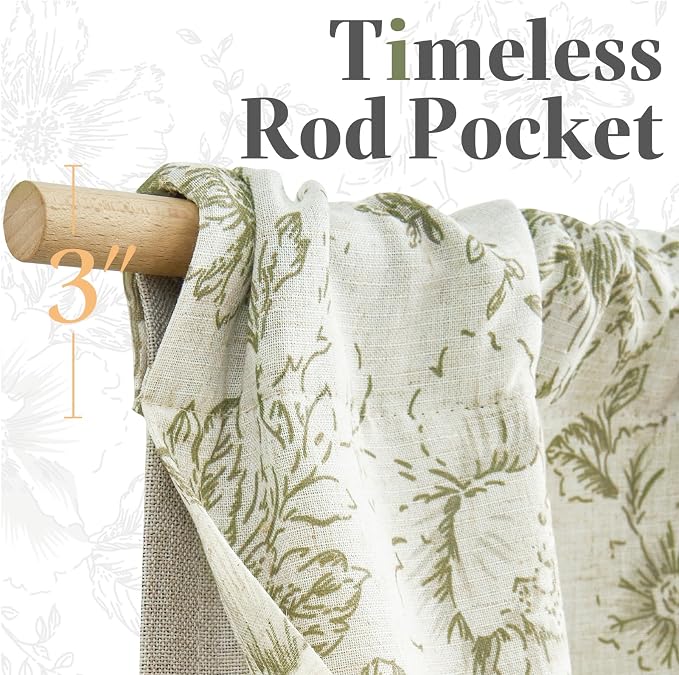 jinchan Linen Kitchen Curtain 36 Inch French Floral Double Layer Curtain Farmhouse Vintage Tier Drape Rustic Half Window Curtain for Living Room Window Treatment Rod Pocket 1 Panel Green on Beige