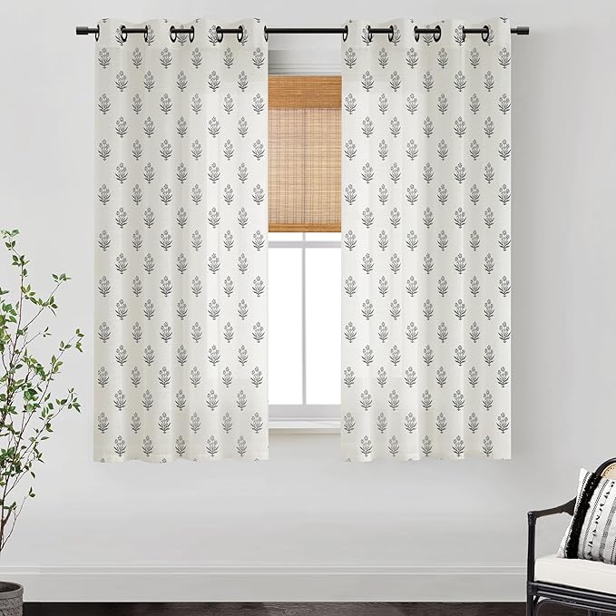Moody Floral Linen Farmhouse Curtains, Black and Off White Dark Cottagecore Decor Semi Sheer Drapes for Bedroom Living Room 63 Inch Length