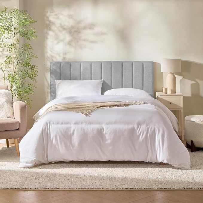 Hearth & Harbor Upholstered Queen Headboard - Easy Assemble Channel Stitched Headboard Queen Size - Wall Mounted Headboards with 3D Soundproof Wall Panels Peel & Stick Floating Headboards, Silver
