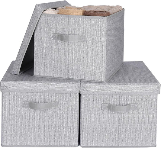 WUIKE 3 Pack Extra Large Foldable Storage Bins with Lids, Fabric Storage Bins for Home and Closet Organization, Herringbone Gray