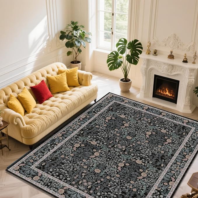 Vintage Black Living Room Rug, 8x10 Washable Area Rugs for Dining Room Under Table, Soft Low Pile Large Carpet Bedroom, Non-Slip Boho Floral (8 x 10 Black)