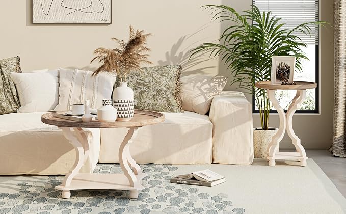 COZAYH Round Farmhouse Coffee Table, Wood Tray Top, White, Circle | Coffee Table with Storage, Rustic Coffee Table, Small Round End Table, Round Wood Accent Table