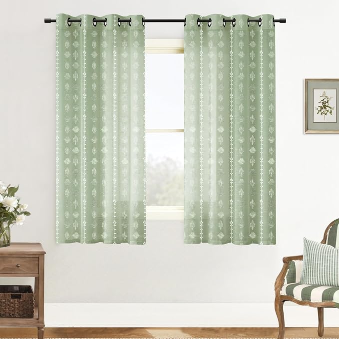 Sage Green Spring Cottage Core Curtains for Living Room, 63 Inch Length Floral Gingham Plaid Inspired Patterned Look, Semi Sheer Cottagecore Curtains for Bedroom Nursery 2 Panels Set