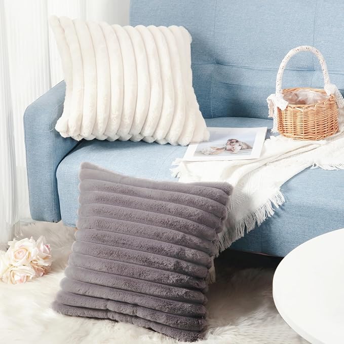Decorative Throw Pillow with Inserts, Set of 2 Soft Faux Fur Throw Pillows, Square Boho Striped Pillow for Couch, Bed, Sofa Decor(Gray, 18" x 18")