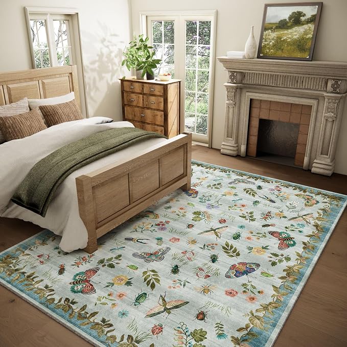 Machine Washable Rug for Living Room: 5x7 Area Rugs Vintage Rug Stain Resistant Non Slip Low Pile Soft Lightweight Carpets Rugs for Bedroom Kitchen Dining Room Nursery Kids Room Farmhouse Indoor
