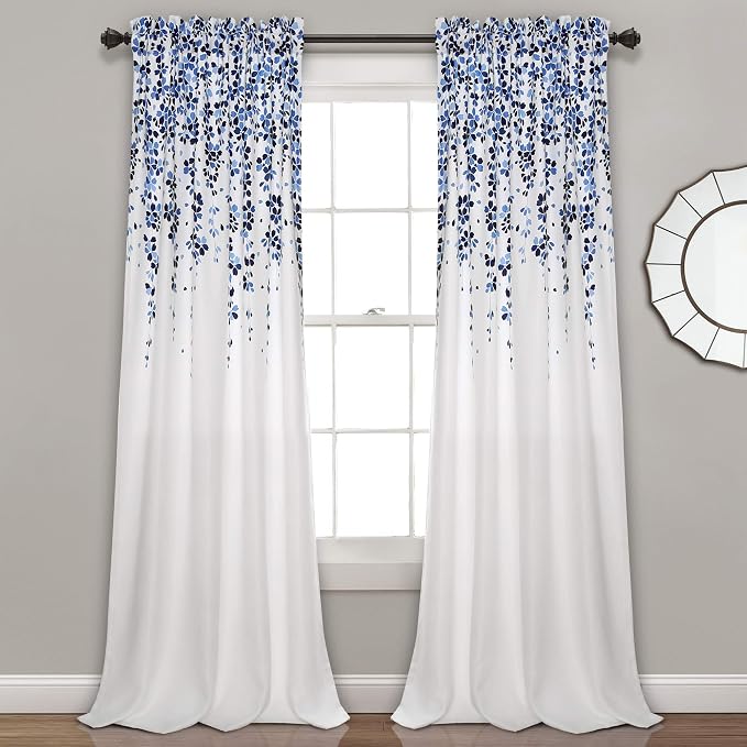 Lush Decor Weeping Flower Light Filtering Window Curtain Panels, Pair, 52"W x 95"L + 2" Header, Navy & Blue - Charming Modern Floral Curtains for Living Room, Dining Room, & Bedroom
