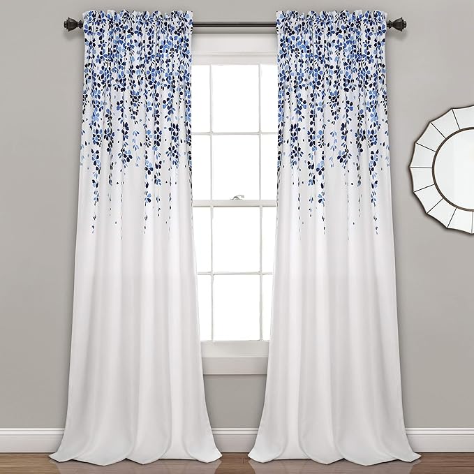 Lush Decor Weeping Flower Light Filtering Window Curtain Panels, Pair, 52"W x 84"L + 2" Header, Navy & Blue - Charming Modern Floral Curtains for Living Room, Dining Room, & Bedroom