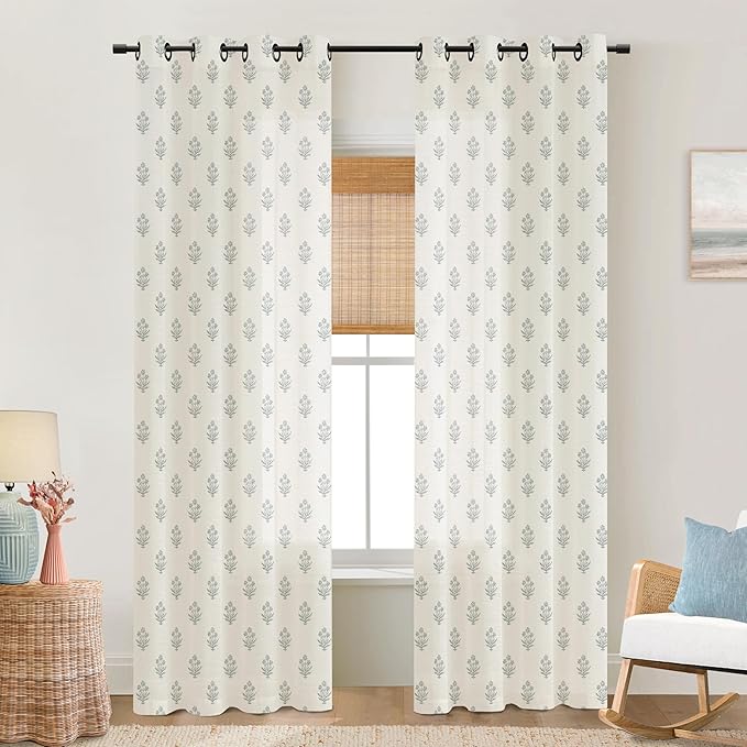 Lino Rosa Grey Floral Modern Curtains for Living Room,Cottage Pattern Light Blue Gray Flower Design Sheer Beige White Grand Millenial Boho Shabby Chic Curtains for Bedroom Grandmillennial Decor
