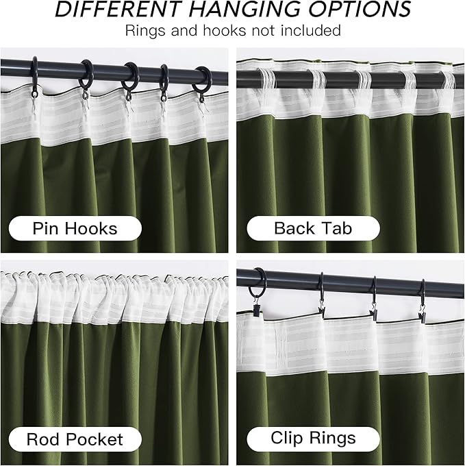 RYB HOME Olive Green Velvet Curtains with Hook Tape, Thermal Insulated Privacy Protect Decorative Drapes for Space Partition, W 62 x L 96 inches, 2 Panels Set