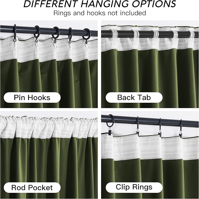 RYB HOME Olive Green Velvet Curtains for Bedroom Living Room, Thermal Insulated Privacy UV Heat Blocking Luxurious Drapes for Nursery Dining Room, 52"W x 100"L, 2 Panels, Rod Pocket/Back Tab/Hook Belt