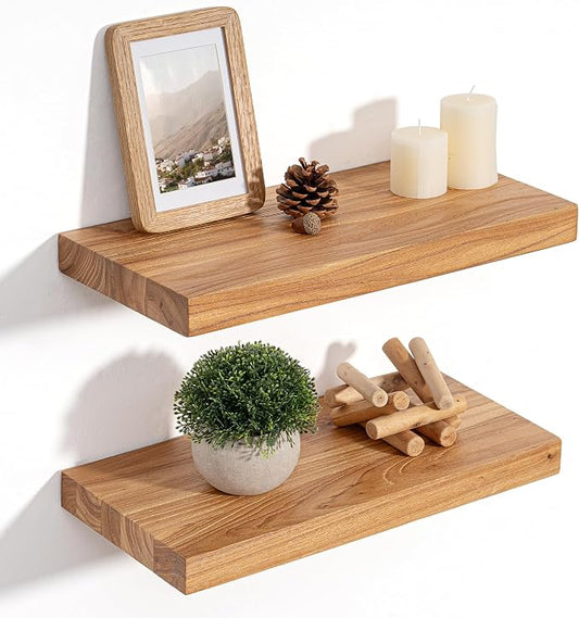 Floating Shelves for Wall, 8" Deep Rustic Solid Elm Wood Floating Shelves Wall Mounted, Wall Shelves with Invisible Bracket for Living Room Bedroom Bathroom Kitchen, 15.7 Inch Set of 2, Natural