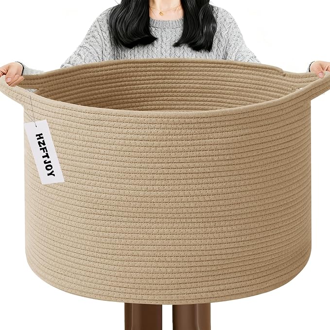 65L Large Blanket Basket,Woven Rope Laundry Basket Hamper with Handles,Decorative Nursery Basket Storage Bin for Toys, Pillows , Clothes Organizer, Living Room, Bedroom, Bathroom, Camel