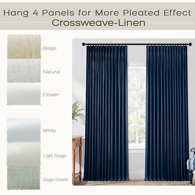 Mrs.Naturall Navy Blue Pinch Pleated Linen Blackout Curtains 84 Inch Length, Pleat Design for Summer Thermal Insulated & Noise Reducing for Mens, Boys Bedroom & Nursery, 2 Panel Set