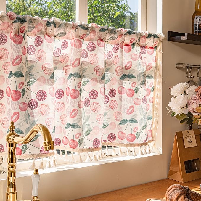 Deeprove Boho Valance Kitchen Cafe Over Sink Window Treatment Retro Aesthetic Style, Pink Red Cherry Print Abstract Short Drape Adjustable Curtain for Bedroom Living Room, 52Wx18L Rod Pocket 1 Panel