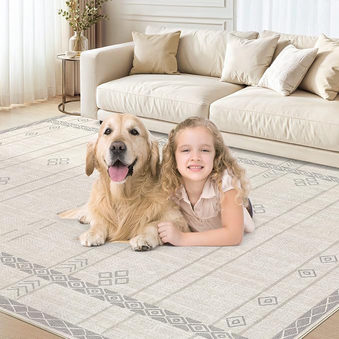 cotiled 5x7 Area Rugs Living Room Rug: Washable Boho Rugs with Non Slip Backing Large Soft Indoor Stain Resistant Carpet for Bedroom Farmhouse Dining Room Lightweight Home Decor Grey Beige