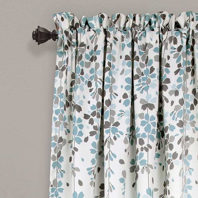 Lush Decor Weeping Flower Light Filtering Window Curtain Panels, Pair, 52"W x 95"L + 2" Header, Blue & Gray - Charming Modern Floral Curtains for Living Room, Dining Room, & Bedroom
