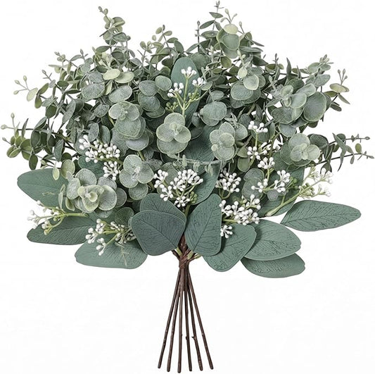 Janinka Mixed Eucalyptus Leaves Stems Bulk with White Seeds Artificial Silver Dollar Leaves Sprays Faux Oval for Wreath Garland Floral Bouquets Arrangement Wedding Greenery Decoration (10)