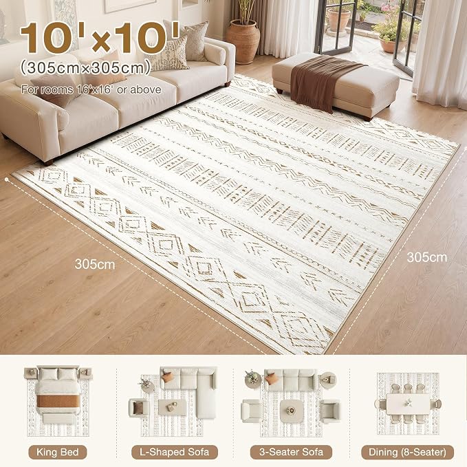 cotiled 10x10 Area Rugs Living Room Rug: Washable Boho Rugs with Non Slip Backing Large Soft Indoor Stain Resistant Carpet for Bedroom Farmhouse Dining Room Lightweight Home Decor L Brown/Cream