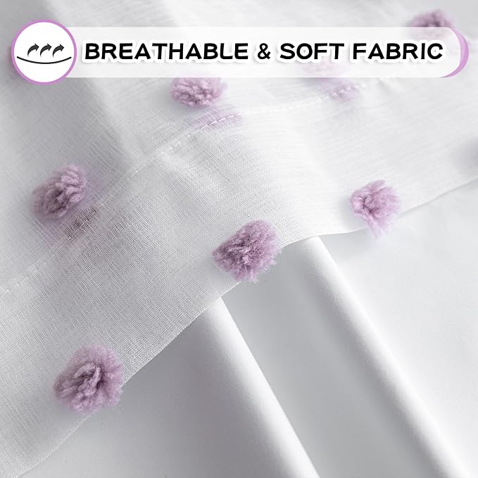 MYSKY HOME 100% Blackout Curtains for Nursery Thermal Insulated Purple Pom Pom Curtains 72 Inch Long for Girls Bedroom 2 Panels White Sheer Curtains for Dining Room Door Grommet, 52 x 72 in