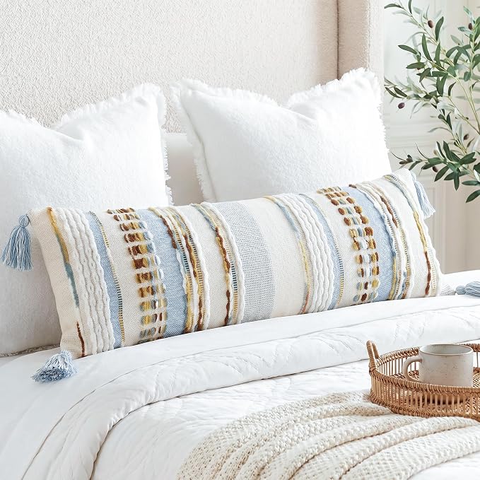 NUYECY Chenille and Cotton Long Pillow for Bed,Striped Textured Boho Long Lumbar Throw Pillow Cover 14x36,Neutral Accent Decorative Body Pillow Case for Couch Sofa Bedroom,Light Blue Earth Tones