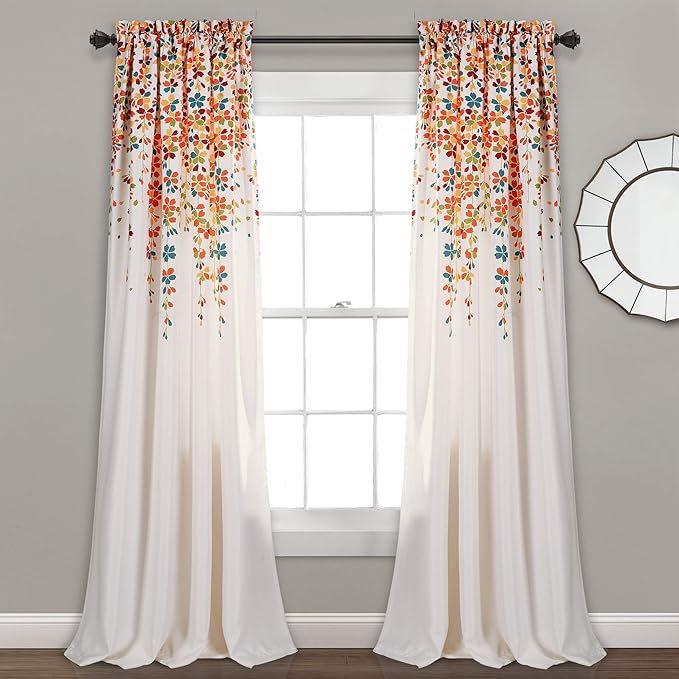 Lush Decor Weeping Flower Light Filtering Window Curtain Panels, Pair, 52"W x 95"L + 2" Header, Turquoise & Tangerine - Charming Modern Floral Curtains for Living Room, Dining Room, & Bedroom