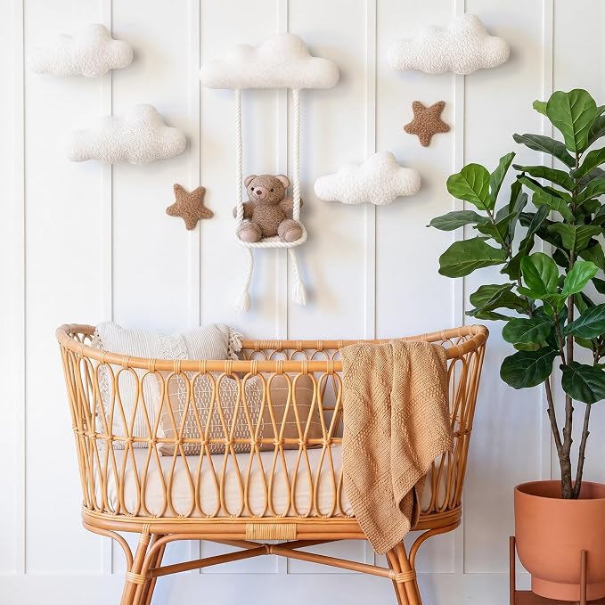 Chumia 7 Pcs Teddy Bear Nursery Wall Decor Swing Teddy Bear Nursery Wall Art with Clouds Star Soft Plush Baby Room Decor Gender Neutral for Bedroom Playroom Decoration