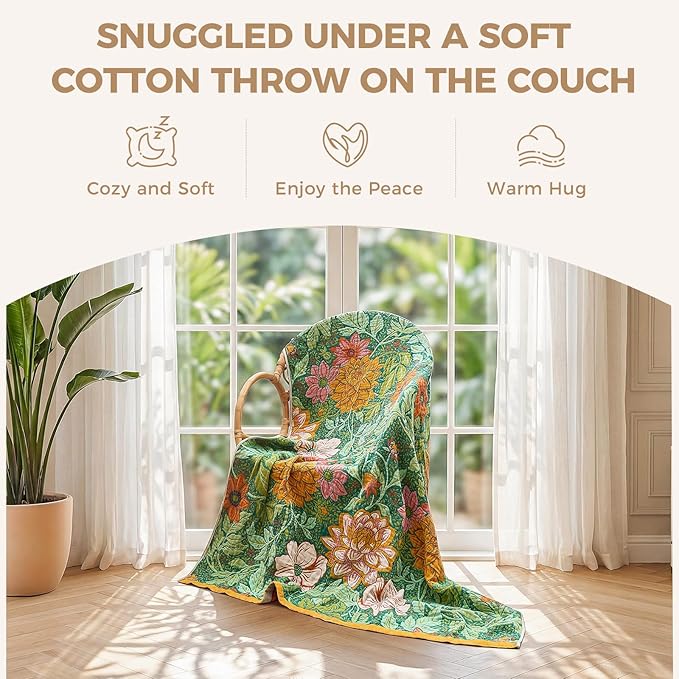 LUTBM Boho Throw Blanket for Couch Sofa Chair Spring Cotton Blankets for Bedroom Living Room All Season Lightweight Reversible Floral Embroidery Throws 50"x60"
