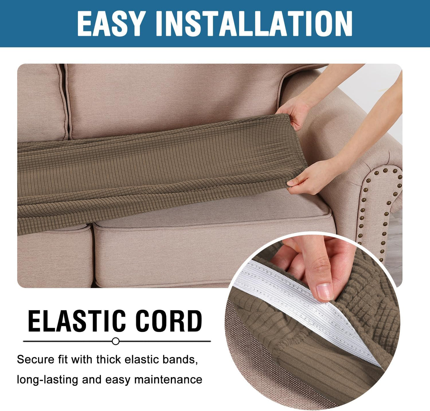 H.VERSAILTEX Super Stretch Individual Seat Cushion Covers Sofa Covers Couch Slipcover Sets Thick Jacquard Textured Twill Fabric (3 Piece Sofa Cushion Covers, Macchiato)