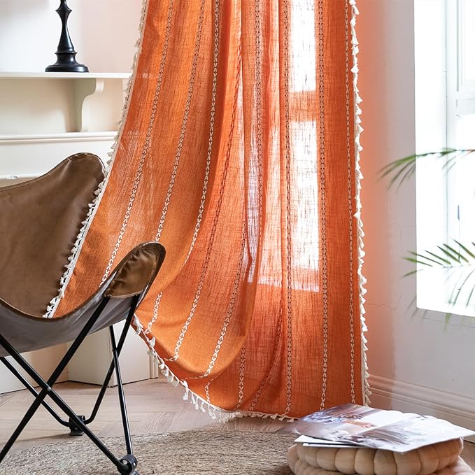RoomTalks Orange Boho Farmhouse Curtains for Bedroom Living Room 84 Inch Length French Country Fall Autumn Cute Textured Window Curtain Panels Striped Bohemian Chic Tassel Draperies, 84’’L x 52’’W