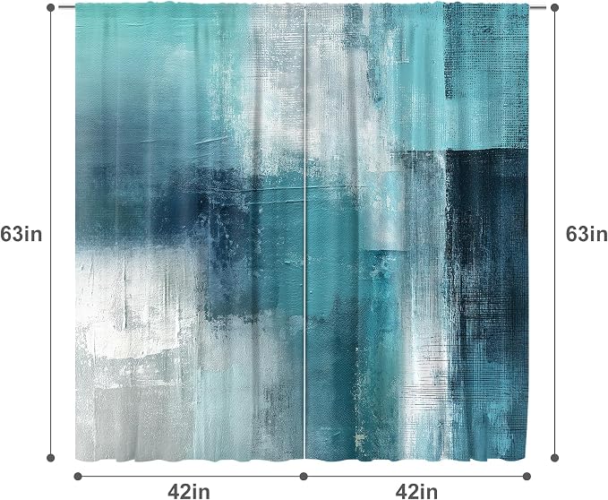 MESHELLY Turquoise Grey Abstract Teal Curtains 42Wx63H Rod Pocket Blue Aqua Gray Art Painting Modern Contemporary Watercolor Background Oil Print Cool Living Room Bedroom Window Drapes Fabric 2 Panel