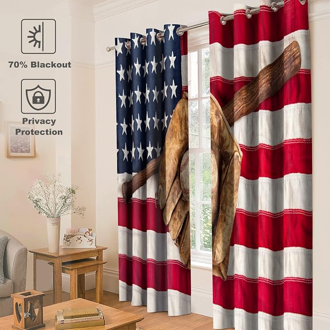 Jekeno American Flag Baseball Blackout Curtains - USA Flag Baseball Bat and Ball Theme Print Decor Home Apartment Bedroom Living Room Darkening Grommet Window Drapes 2 Panels Set,42x54 Inch