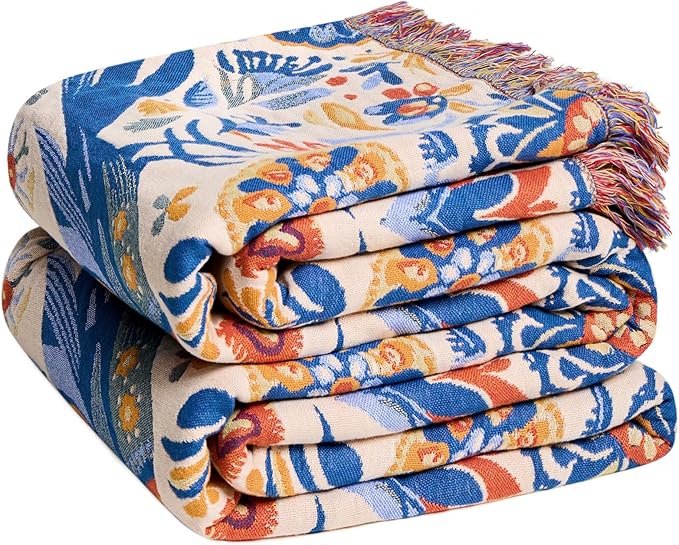 Boho Throw Blanket - 100% Cotton Ultra Soft Muslin Spring Blanket, 50"x60" Lightweight Floral Bird Framhouse Bedding Blanket for Bed, All Season Blue Bohemian Bedroom Home Decor Quilt