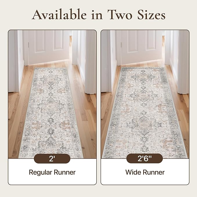 GENIMO 2'6"x11 Runner Rugs for Hallway, Machine Washable Non Slip Vintage Rugs, Low Pile Soft Print Rug for enrtyway, Corridor, Home Office,Light Taupe Brown