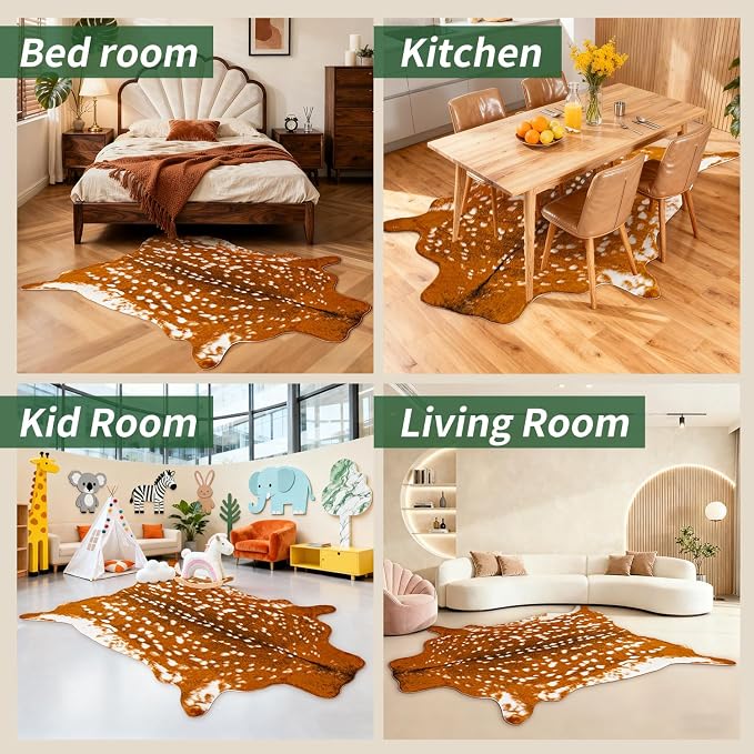 Huichenxing2021FURSTORE Faux Deer Skin Rug,Animal Deer Hide Rug Antelope Print Skin Faux Reindeer Cow Hide Area Rugs for Living Room Bedroom 5.3x6.6ft