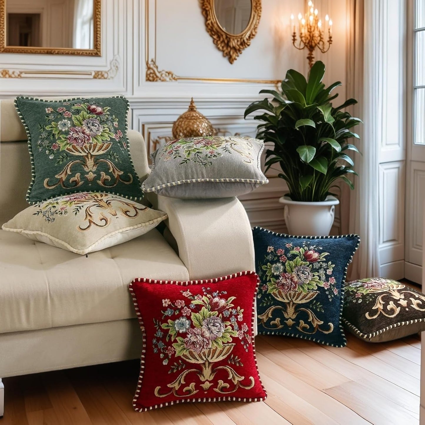 2 Pcs Grey Chenille Vintage Embroidered Throw Pillow Covers 18x18in,Grey Tassel Vintage Pattern Pillow Covers, Floral Embroidered Cushions Covers for Sofa Couch Bed Chairs Car