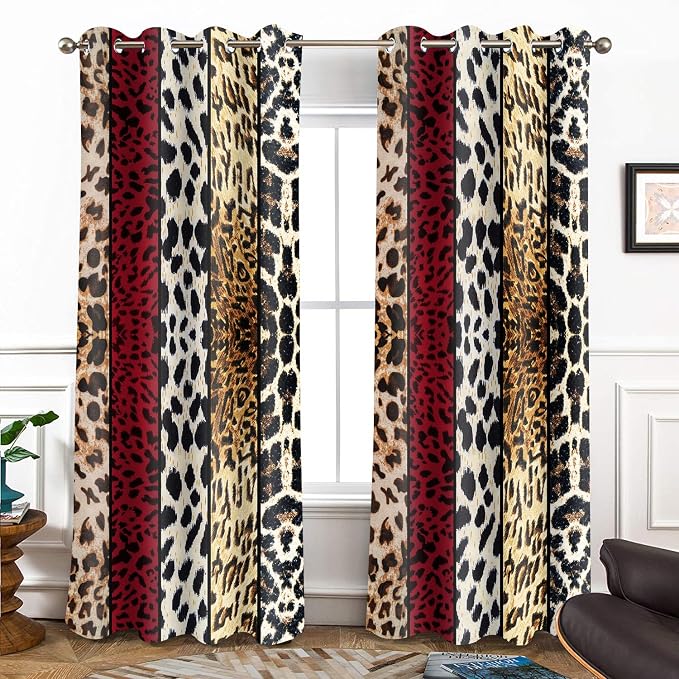 Wild Animal Print Curtain, Room Darkening Thermal Insulated Blackout Leopard Boa Window Drapes with Grommets for Living, Dining, Bedroom, Red Leopard Print, 52"x 84", 2 Panels