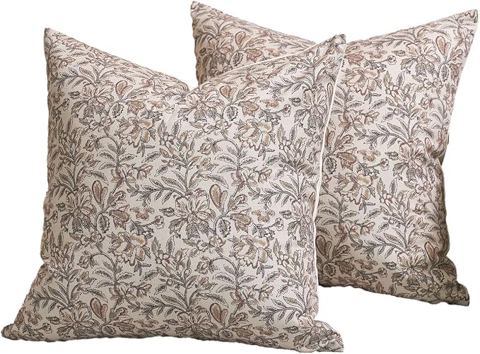 Amor Virisso Floral Throw Pillow Covers 18x18 Set of 2 Vintage Block Print Pillow Covers Decorative Pillow Covers Couch Pillows for Living Room Farmhouse Accent Sofa Pillows, Red/Sand