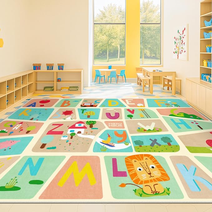 Huge ABC Alphabet Classroom Rugs Elementary – 9x12 School Rug for Kids, Washable & Wipeable Large Floor Carpet, Soft & Non Skid Design with Educational Letters and Whimsical Cartoon Art Decor