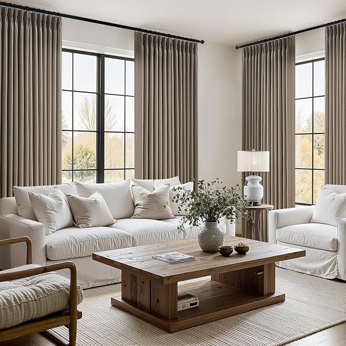 Pinch Pleated 94 Inch Curtains 2 Panels for Living Room,Dark Flax Linen Curtains 94 Inches Long Pinch Pleat Drapes for Track System Light Filtering Semi Sheer Curtains for Dining Bedroom Office