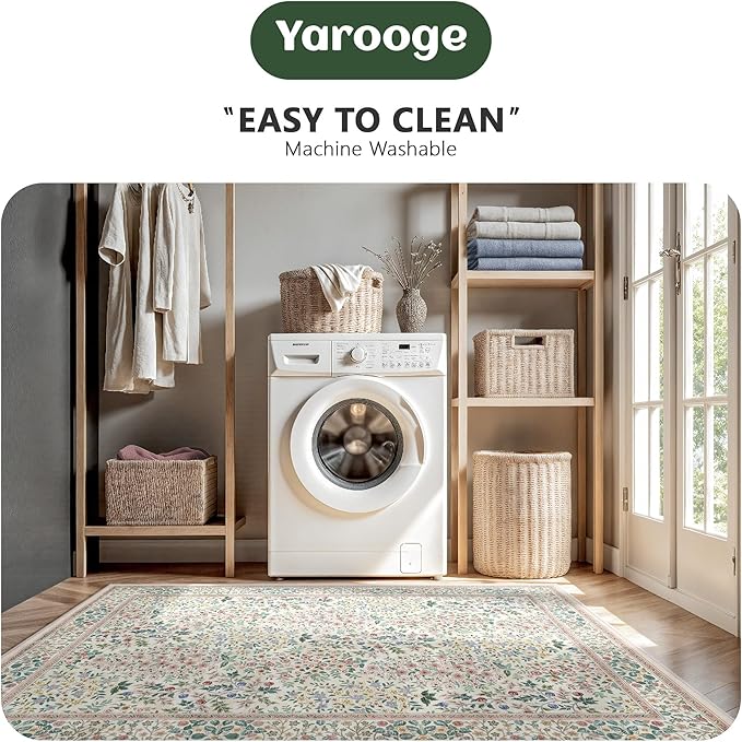 6x9 Area Rugs, Machine Washable Low Pile Floral Rugs for Living Room, Bedroom, Large Boho Area Rug with Non-Slip Backing for Dining Room(Pink Floral)