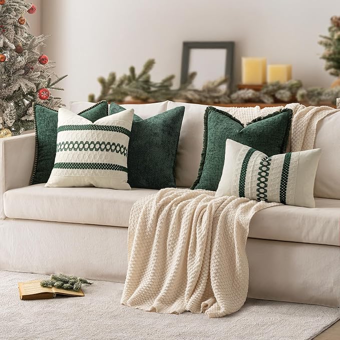 MIULEE Pack of 2 Green Couch Throw Pillow Covers 20x20 Inch Modern Boho Accent Decorative Pillow Covers Soft Chenille Farmhouse Cushion Covers for Home Decor Bed Sofa Living Room