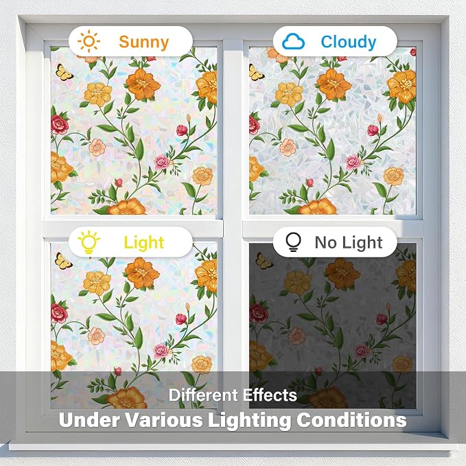 Donox Stained Glass Window Film, Floral Pattern Rainbow Light Decorative Cling, UV Block Privacy Film, Static Cling Removable No Glue for Living Room Home Office, 17.5 x 78.7 Inches