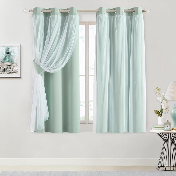 Bujasso Aqua 80% Blackout Curtains with Sheer Overlay Mix and Match Double Layer Thermal Insulated Window Panels 63 inch for Living Room Bedroom Mint Green Drapes with Tiebacks Grommet Top 37"Wx63"Lx2