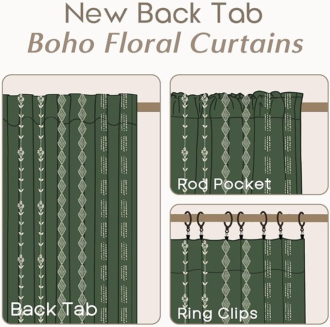 Olive Green Linen Sheer Boho Patterned Curtains 63 Inches Long for Living Room 2 Panels Set